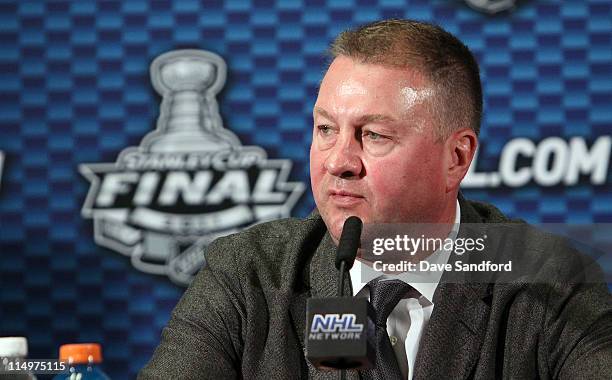 General Manager Mike Gillis of the Vancouver Canucks speaks to the media during NHL Pre-Series Media Day at Rogers Arena on May 31, 2011 in...