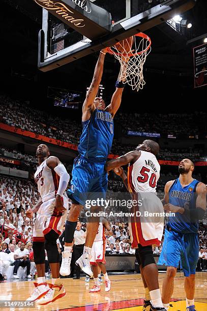 Shawn Marion of the Dallas Mavericks dunks against Joel Anthony of the Miami Heat during Game One of the 2011 NBA Finals on May 31, 2011 at the...