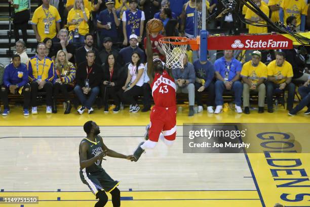 Pascal Siakam of the Toronto Raptors goes to the basket for a dunk against the Golden State Warriors during Game Six of the NBA Finals on June 13,...