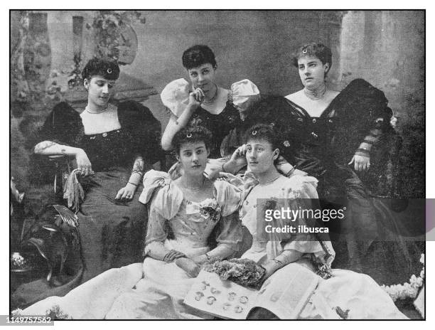 antique photo: five sisters, misses spencer-brunton - sister stock illustrations