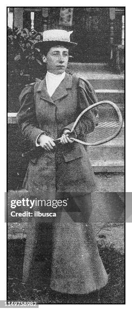 antique photo: tennis player mrs draffen - archival sports stock illustrations