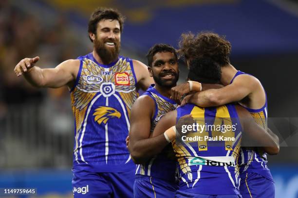 Willie Rioli of the Eagles celebrates a goal during the round nine AFL match between the West Coast Eagles and the Melbourne Demons at Optus Stadium...