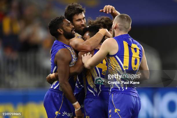 Willie Rioli of the Eagles celebrates a goal during the round nine AFL match between the West Coast Eagles and the Melbourne Demons at Optus Stadium...
