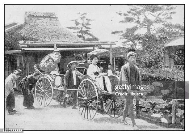 ilustrações de stock, clip art, desenhos animados e ícones de antique photo: japanese rickshaw - carroça puxada por cavalo