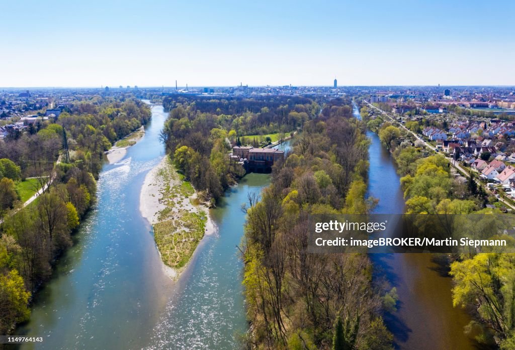 Mouth of the river Stadtbach into the Lech, left, Wertach, right, hydroelectric power plant power station Wolfzahnau, drone shot, Augsburg-Oberhausen, Augsburg, Swabia, Bavaria, Germany