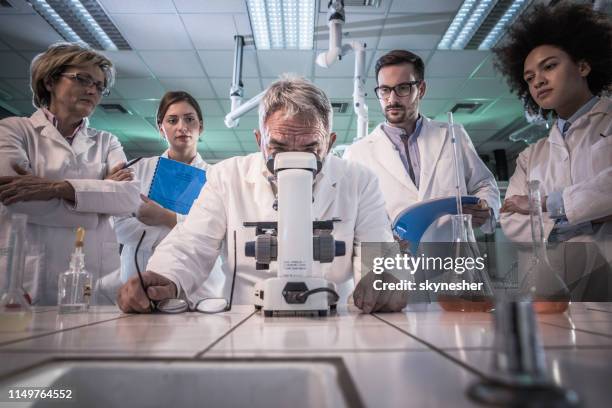Small Lab Team Team Of Scientists Examining Samples Through A Microscope In Laboratory ...