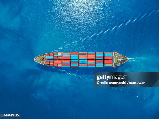 aerial top view container ship park for import export logistics in  pier, thailand. - thailand boat ストックフォトと画像