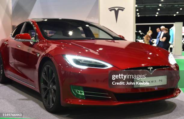 Tesla Model S is displayed during the London Motor and Tech Show at ExCel on May 16, 2019 in London, England. The London Motor & Tech Show is the...