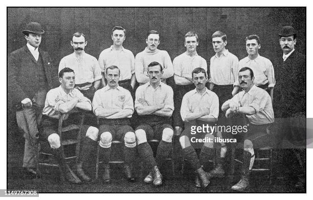 antique photo: football soccer team, city ramblers - professional occupation photos stock illustrations