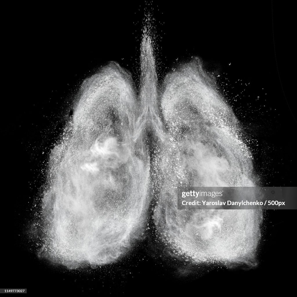 Lungs Made Of White Powder Explosion Isolated On Black