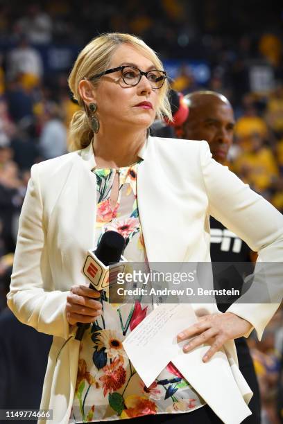 Doris Burke looks on during Game Six of the NBA Finals between the Toronto Raptors and the Golden State Warriors on June 13, 2019 at ORACLE Arena in...