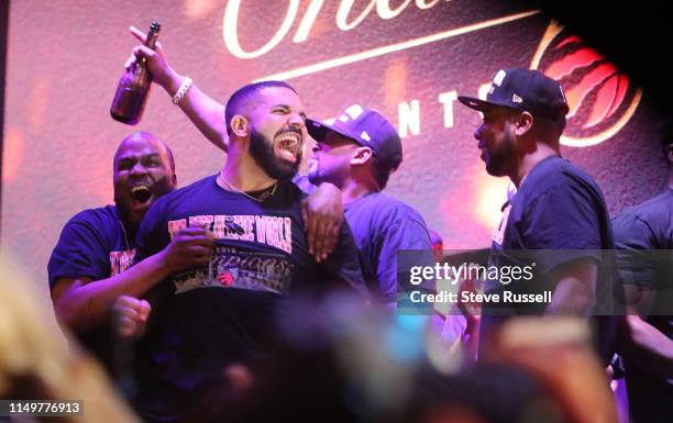 Drake celebrates as Toronto fans gather in Jurassic Park to watch the Raptors play the Golden State Warriors in game six and win the NBA Finals at...