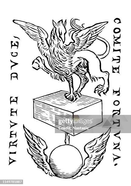 stockillustraties, clipart, cartoons en iconen met griffon mark, met het motto "virtute duce, comite fortuna" (actieve 16e eeuw) printer die honderden boeken geproduceerd - griffioen