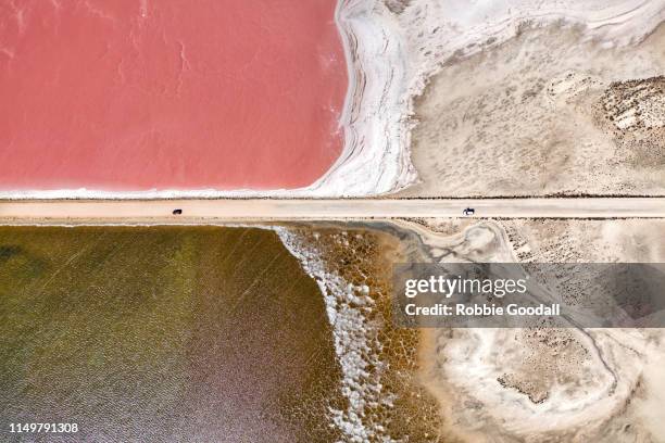 aerial view over a pink salt lake in south australia - south australia stock pictures, royalty-free photos & images