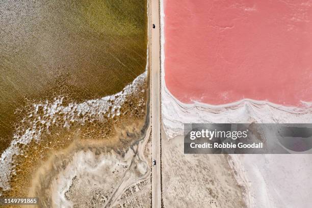 aerial view over a pink salt lake in south australia - saltäng bildbanksfoton och bilder