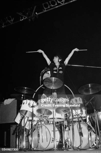 British drummer Keith Moon of rock band The Who performing live during the concert tour supporting 'The Who By Numbers' at Wembley Arena, London, UK,...