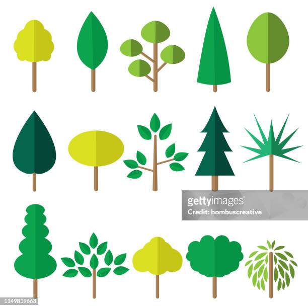 illustrazioni stock, clip art, cartoni animati e icone di tendenza di icone degli alberi verdi piatti - albero