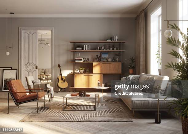 modern living room 3d rendering - home interior no people stock pictures, royalty-free photos & images