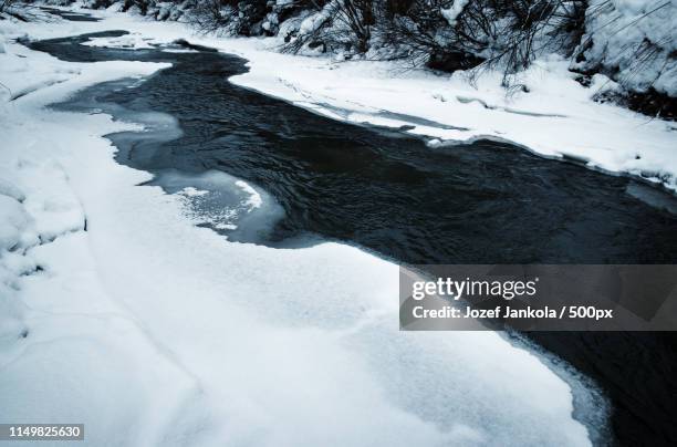 winter on a dark little river - tiny creek stock pictures, royalty-free photos & images