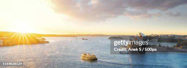 cityscape of sysney harbour with morning sunrise moment and boat - ozopera stock pictures, royalty-free photos & images