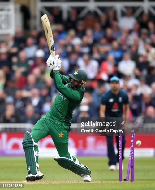 Imad Wasim of Pakistan is bowled by Tom Curran of England during the 4th One Day International between England and Pakistan at Trent Bridge on May...