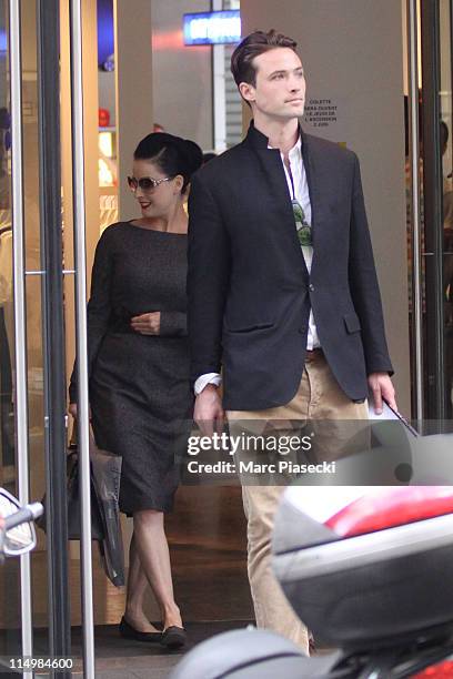 Dita von Teese and her boyfriend Louis-Marie de Castelbajac are sighted leaving the 'Colette' store on May 31, 2011 in Paris, France.