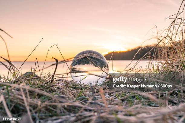 crystal ball in frozen grass by a lake in the morning - crystal ball stock-fotos und bilder