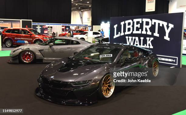I8 prepared by Liberty Walk automotive tuning company is displayed during the London Motor and Tech Show at ExCel on May 16, 2019 in London, England....