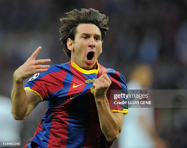 Barcelona's Argentinian forward Lionel Messi celebrates after scoring a goal during the UEFA Champions League final football match FC Barcelona vs....