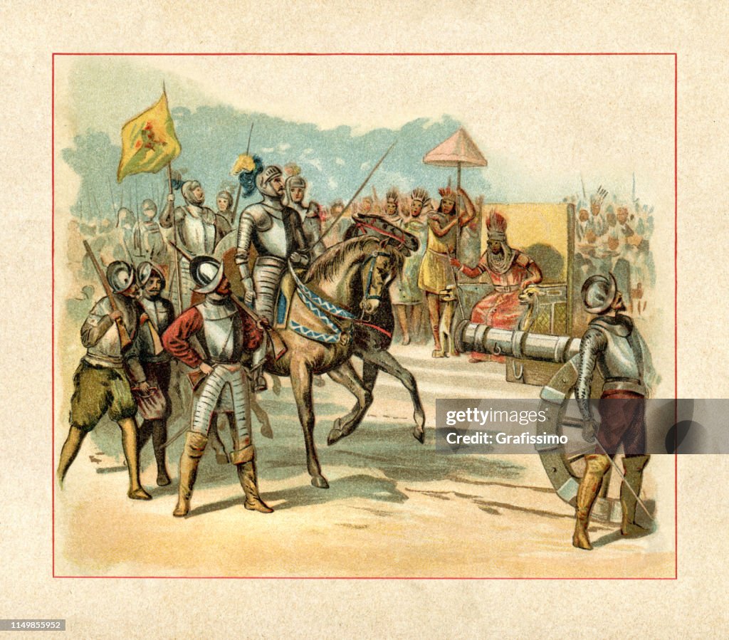Spanish Conquistador Hernán Cortés entering Tenochtitlán meeting Montezuma II