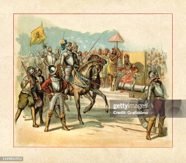 stockillustraties, clipart, cartoons en iconen met spaanse conquistador hernán cortés invoeren tenochtitlan vergadering montezuma ii - spaanse cultuur