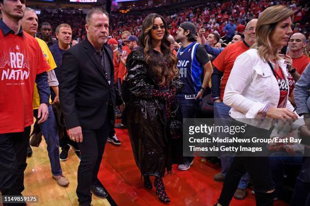 Beyonce walks off the court after the first half of Game 6 of their NBA second round playoff series at the Toyota Center in Houston, Texas on Friday,...