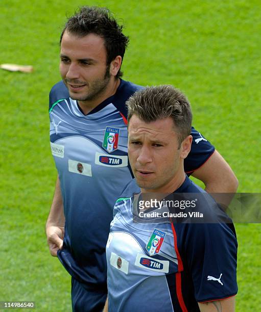 Giampaolo Pazzini and Antonio Cassano of Italy during a training session ahead of the UEFA EURO 2012 qualifier against Estonia at Coverciano on June...