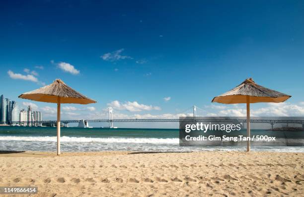 clear blue sky at gwangalli beach, busan - busan fotografías e imágenes de stock