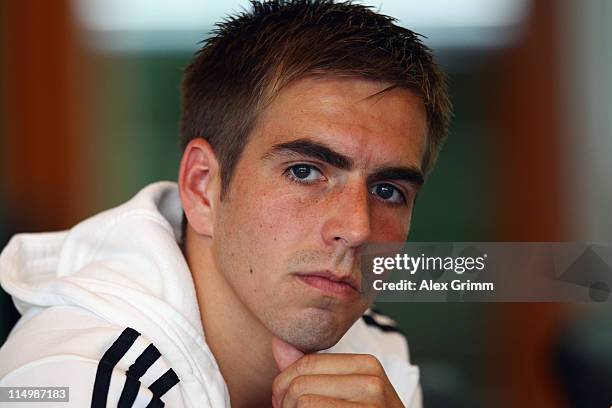 Philipp Lahm of Germany pauses during a press conference ahead of their UEFA EURO 2012 qualifier against Austria on June 1, 2011 in Frankfurt am...