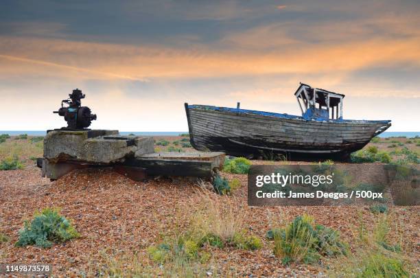 old boat wreck - dungeness stock pictures, royalty-free photos & images