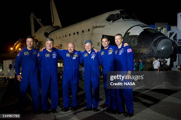 In this handout provided by National Aeronautics and Space Administration , The STS-134 astronauts from left, European Space Agency's Roberto...
