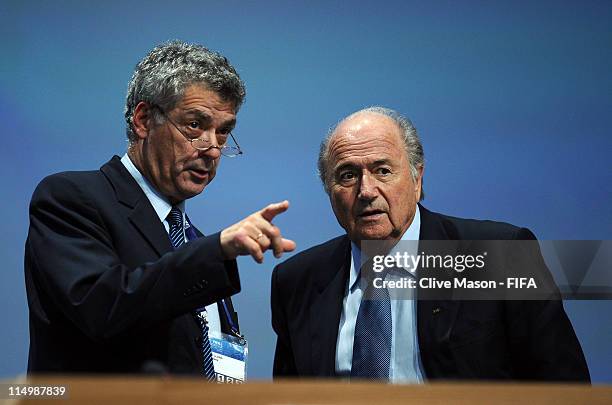 President of the Spanish Football Association, Angel Maria Villar Llona talks with FIFA President, Joseph S. Blatter during the 61st FIFA Congress at...