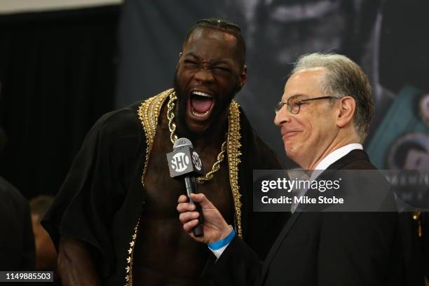 Deontay Wilder yells during his official weigh-in against Dominic Breazeale at LIU Athletic Center on May 17, 2019 in the Brooklyn borough of New...