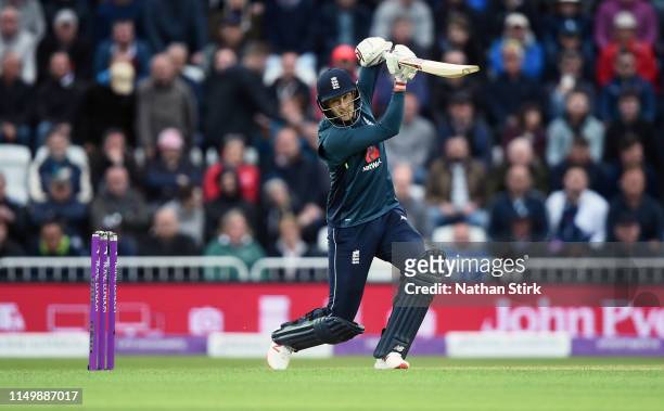 Joe Root of England drives the ball while batting during the 4th Royal London ODI match between England and Pakistan at Trent Bridge on May 17, 2019...
