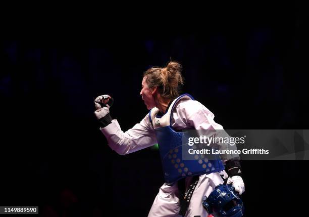 Jade Jones of Great Britain celebrates victory against Skylar Park of Canada in the Semi Final of the Women’s -57kg during Day 3 of the World...