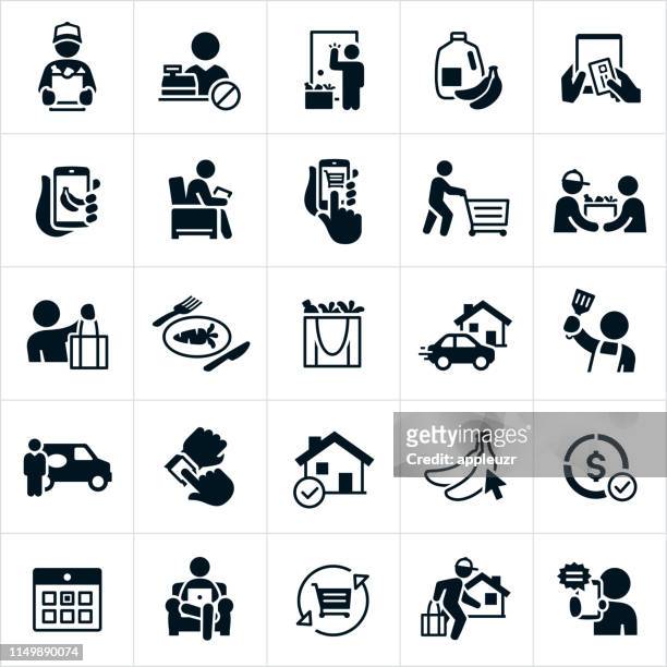 lebensmittel-lieferung icons - supermarkt stock-grafiken, -clipart, -cartoons und -symbole