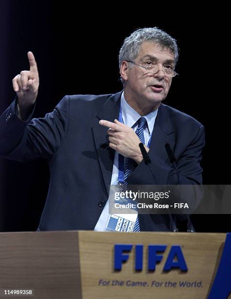 President of the Spanish Football Association, Angel Maria Villar Llona addresses the delegates during the 61st FIFA Congress at Hallenstadion on...