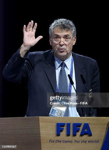 President of the Spanish Football Association, Angel Maria Villar Llona addresses the delegates during the 61st FIFA Congress at Hallenstadion on...