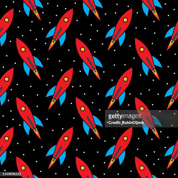 red and blue rocket seamless pattern - missile flame stock illustrations