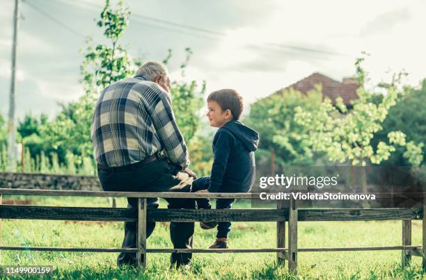 enjoying in nature on the bench - great grandfather stock pictures, royalty-free photos & images