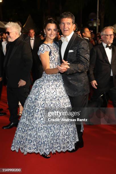 Penelope Cruz, wearing Atelier Swarovski Fine Jewelry and Antonio Banderas depart the screening of "Pain And Glory " during the 72nd annual Cannes...