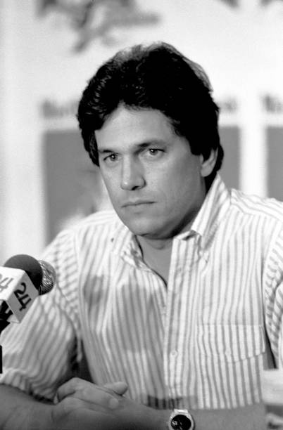 American Country musician George Strait sits behind a microphone during a press conference, Fresno, California, April 19, 1985.