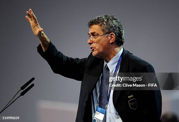 President of the Spanish Football Association, Angel Maria Villar Llona addresses the delegates during the 61st FIFA Congress at Hallenstadion on...