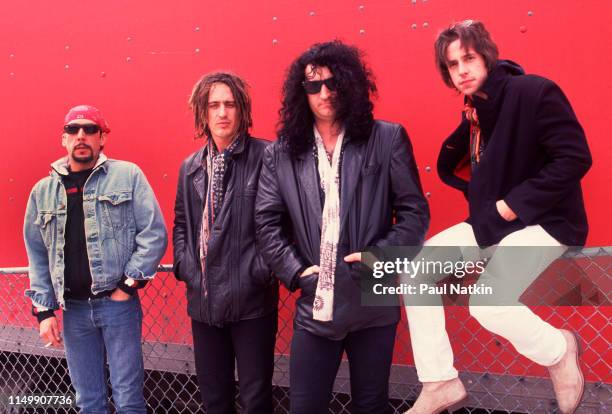 Portrait of American Rock group Izzy Stradlin and the Ju Ju Hounds at an unspecified rehearsal space, Chicago, Illinois, May 15, 1992. Pictured are,...